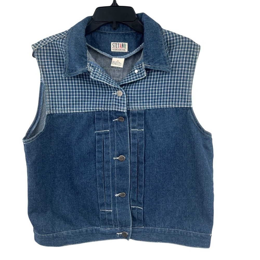 Vintage Stefano International Denim Vest Size M Blue Plaid Yoke Cinch Back